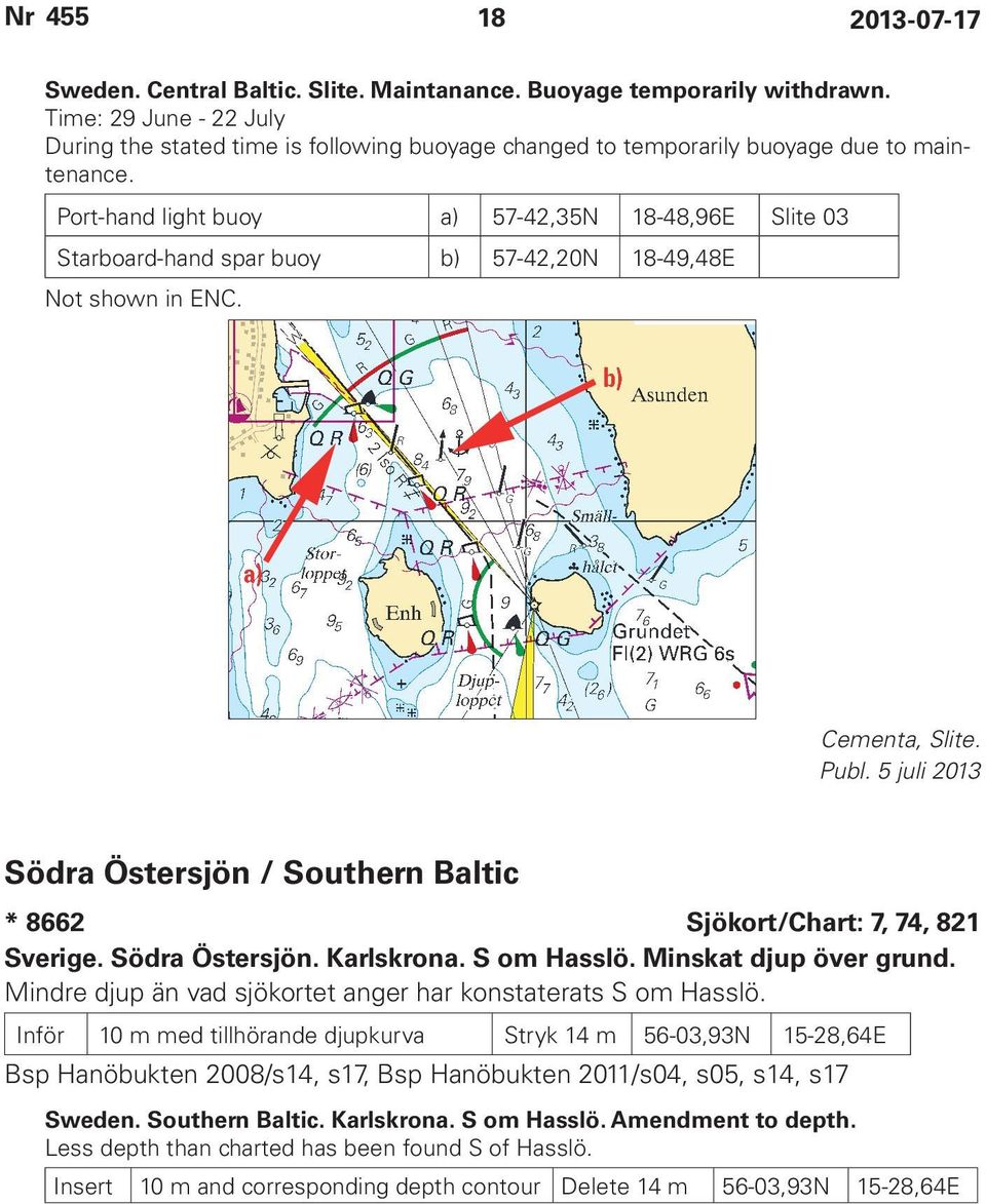 5 juli 2013 Södra Östersjön / Southern Baltic * 8662 Sjökort/Chart: 7, 74, 821 Sverige. Södra Östersjön. Karlskrona. S om Hasslö. Minskat djup över grund.