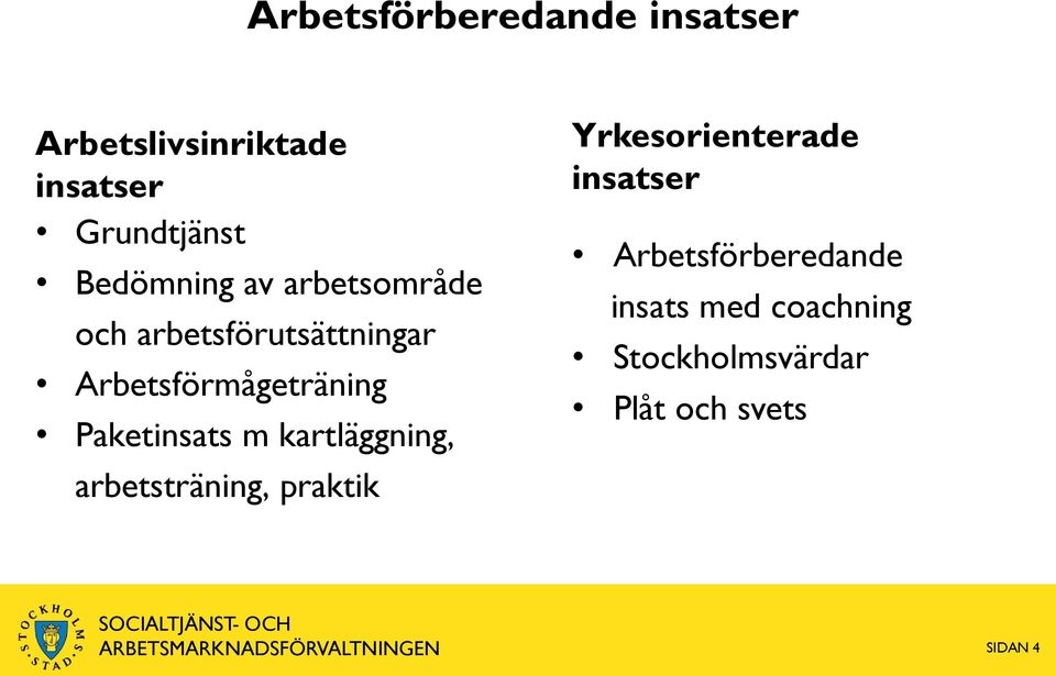 Paketinsats m kartläggning, arbetsträning, praktik Yrkesorienterade