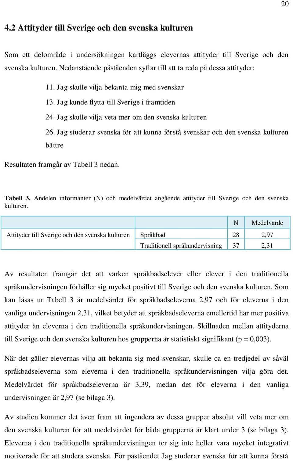 Jag skulle vilja veta mer om den svenska kulturen. Jag studerar svenska för att kunna förstå svenskar och den svenska kulturen bättre Resultaten framgår av Tabell 