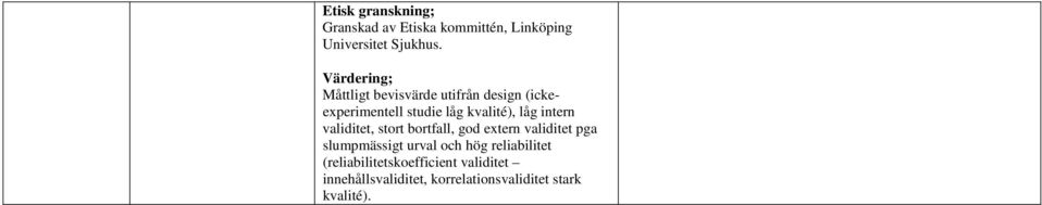 intern validitet, stort bortfall, god extern validitet pga slumpmässigt urval och hög