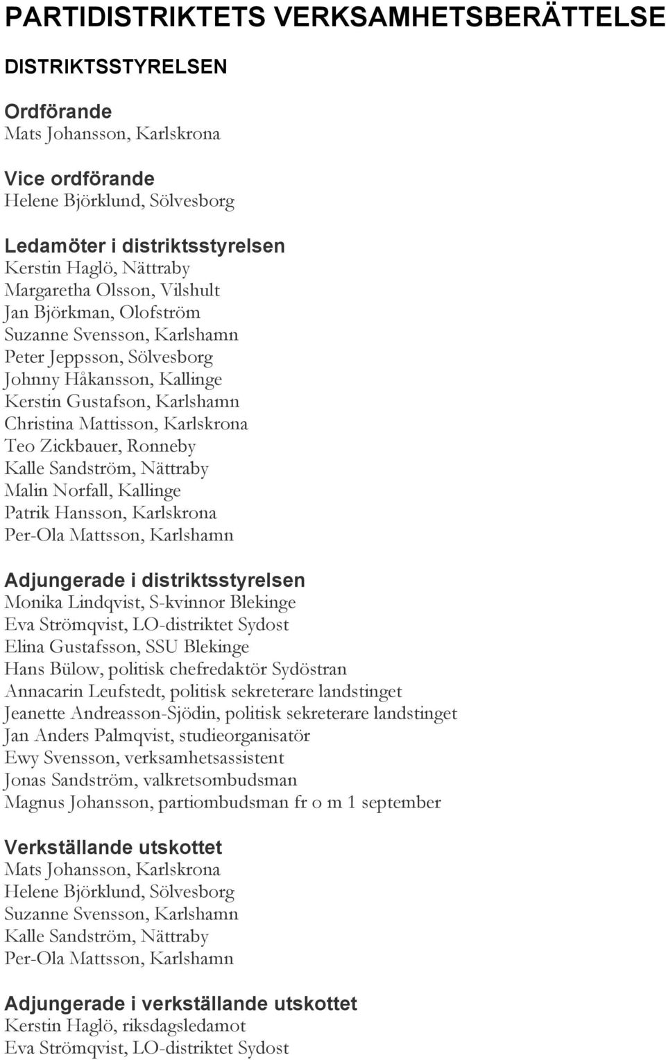 Zickbauer, Ronneby Kalle Sandström, Nättraby Malin Norfall, Kallinge Patrik Hansson, Karlskrona Per-Ola Mattsson, Karlshamn Adjungerade i distriktsstyrelsen Monika Lindqvist, S-kvinnor Blekinge Eva