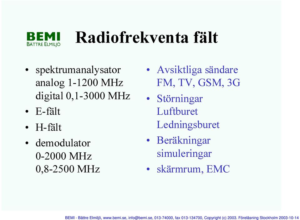 0,8-2500 MHz Avsiktliga sändare FM, TV, GSM, 3G Störningar