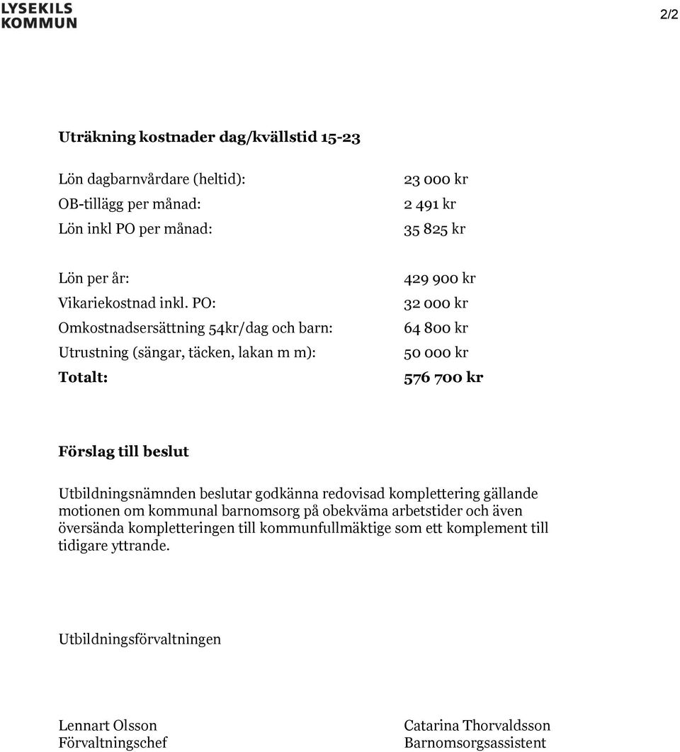 PO: Omkostnadsersättning 54kr/dag och barn: Utrustning (sängar, täcken, lakan m m): Totalt: 429 900 kr 32 000 kr 64 800 kr 50 000 kr 576 700 kr Förslag till beslut