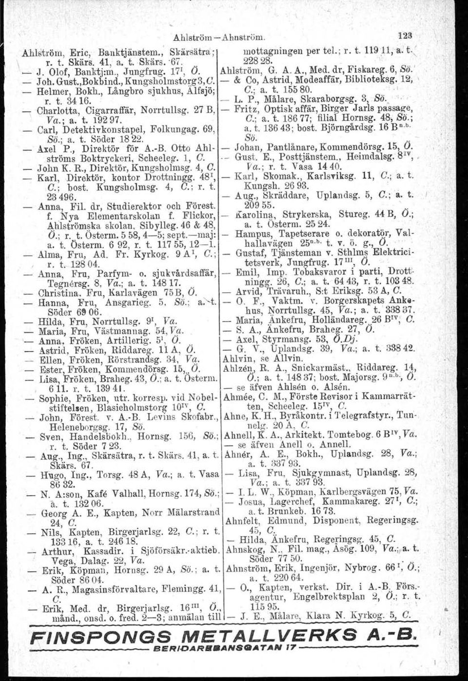 L. P., Målare, Skaraborgsg. 3 t Bä. "\ Charlotta, Cigarraffär, Norrtullsg. 27 B, Fritz, Optisk affär, Birger Jarls passage, Va.; a. t. 19297. G.; a. t.18677; filial Hornsg. 48, So.