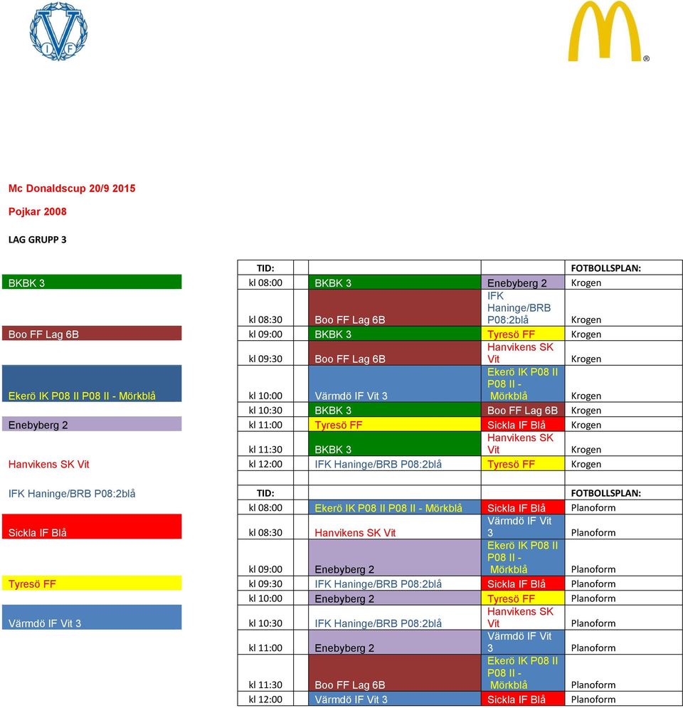Haninge/BRB P08:2bl Tyres FF Krogen IFK Haninge/BRB P08:2bl kl 08:00 Eker IK P08 II P08 II - M rkbl Sickla IF Bl Planoform Sickla IF Bl kl 08:30 Vit 3 Planoform kl 09:00 Enebyberg 2 Eker IK P08 II