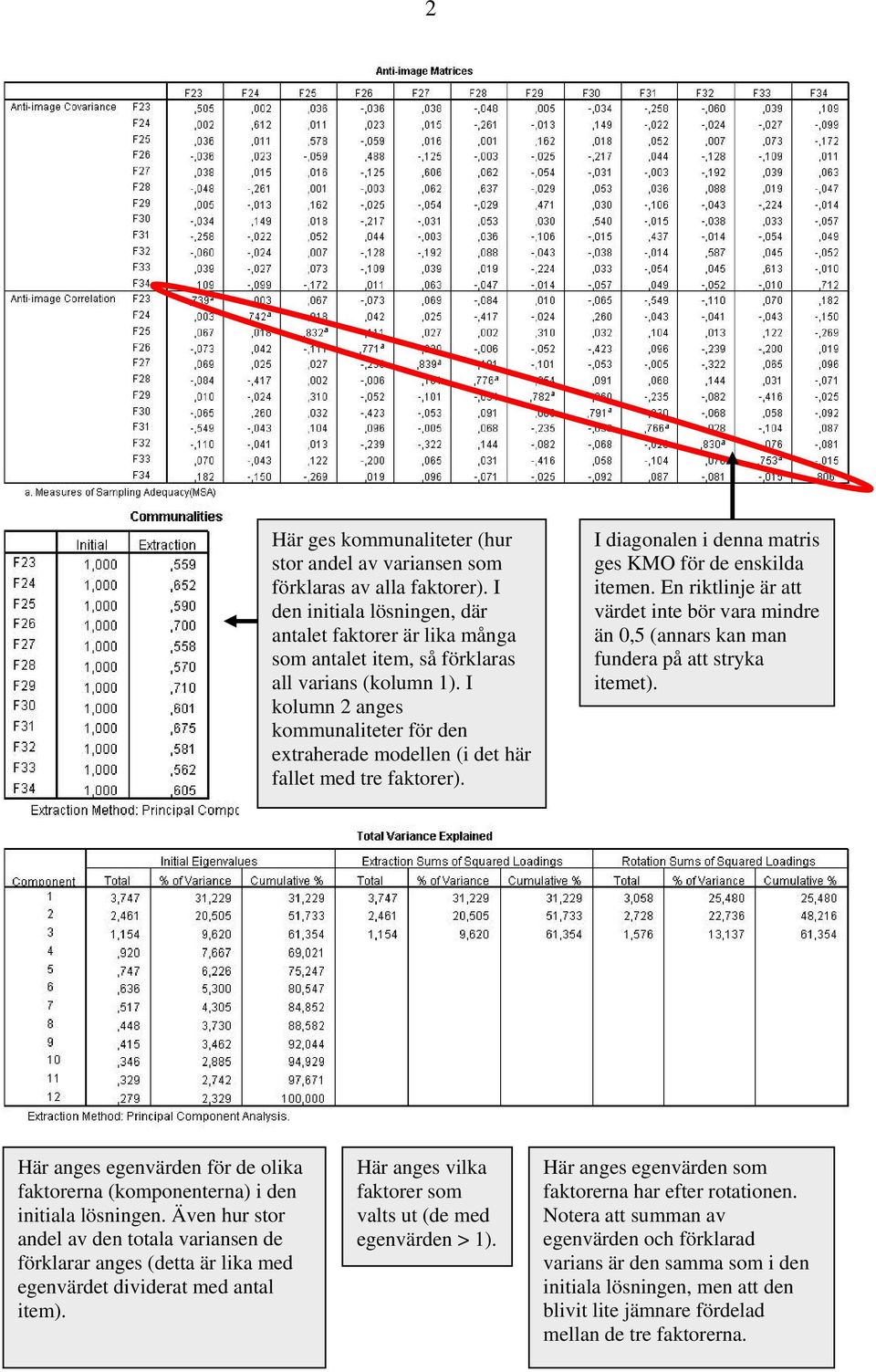 I kolumn 2 anges kommunaliteter för den extraherade modellen (i det här fallet med tre faktorer). I diagonalen i denna matris ges KMO för de enskilda itemen.
