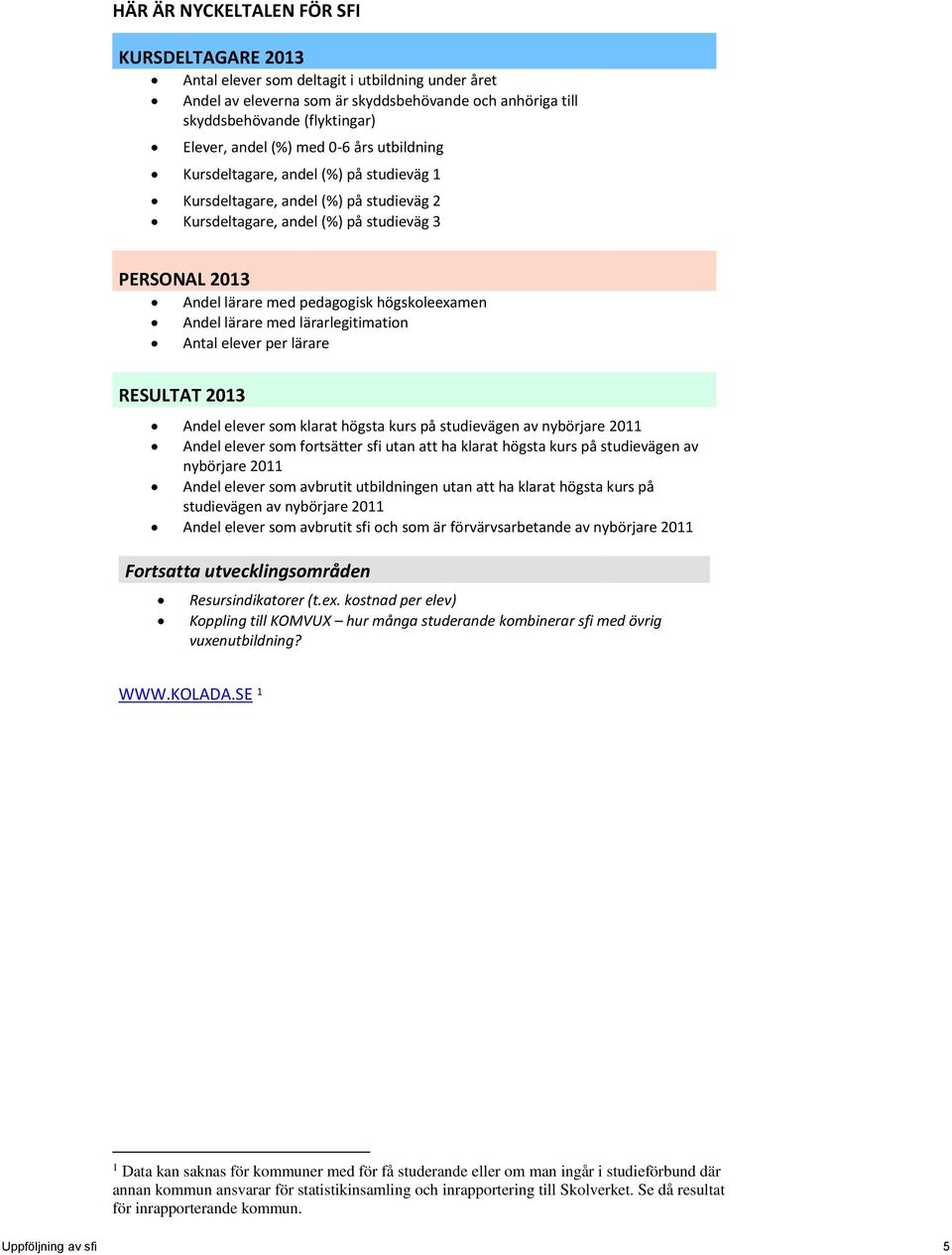 högskoleexamen Andel lärare med lärarlegitimation Antal elever per lärare RESULTAT 2013 Andel elever som klarat högsta kurs på studievägen av nybörjare 2011 Andel elever som fortsätter sfi utan att