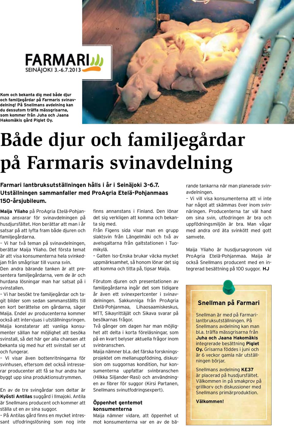 Både djur och familjegårdar på Farmaris svinavdelning Farmari lantbruksutställningen hålls i år i Seinäjoki 3-6.7. Utställningen sammanfaller med ProAgria Etelä-Pohjanmaas 150-årsjubileum.