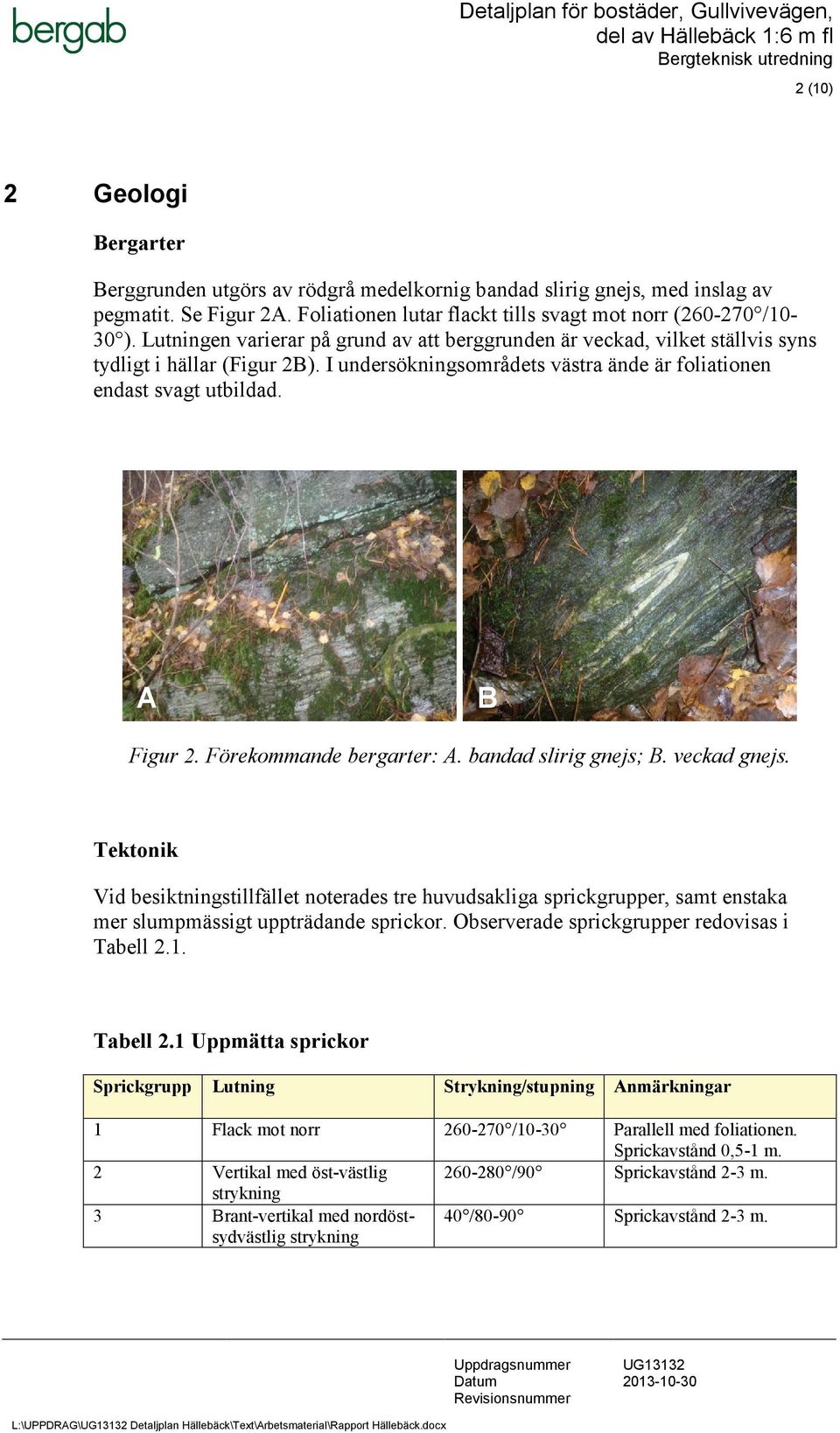 Förekommande bergarter: A. bandad slirig gnejs; B. veckad gnejs. Tektonik Vid besiktningstillfället noterades tre huvudsakliga sprickgrupper, samt enstaka mer slumpmässigt uppträdande sprickor.