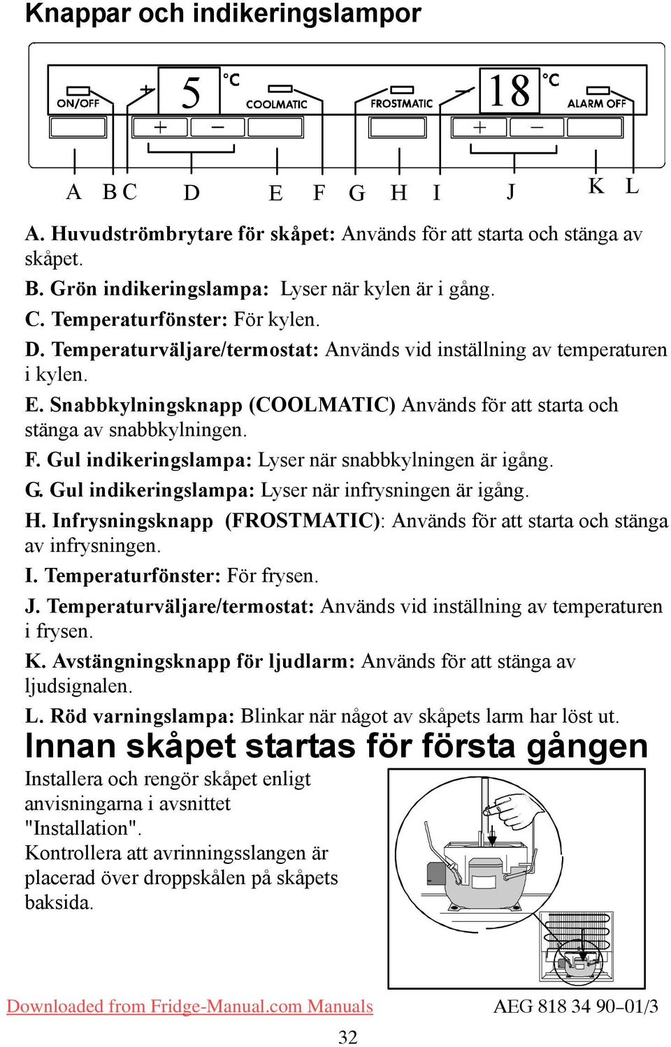 G. Gul indikeringslampa: Lyser när infrysningen är igång. H. Infrysningsknapp (FROTMATIC): Används för att starta och stänga av infrysningen. I. Temperaturfönster: För frysen. J.