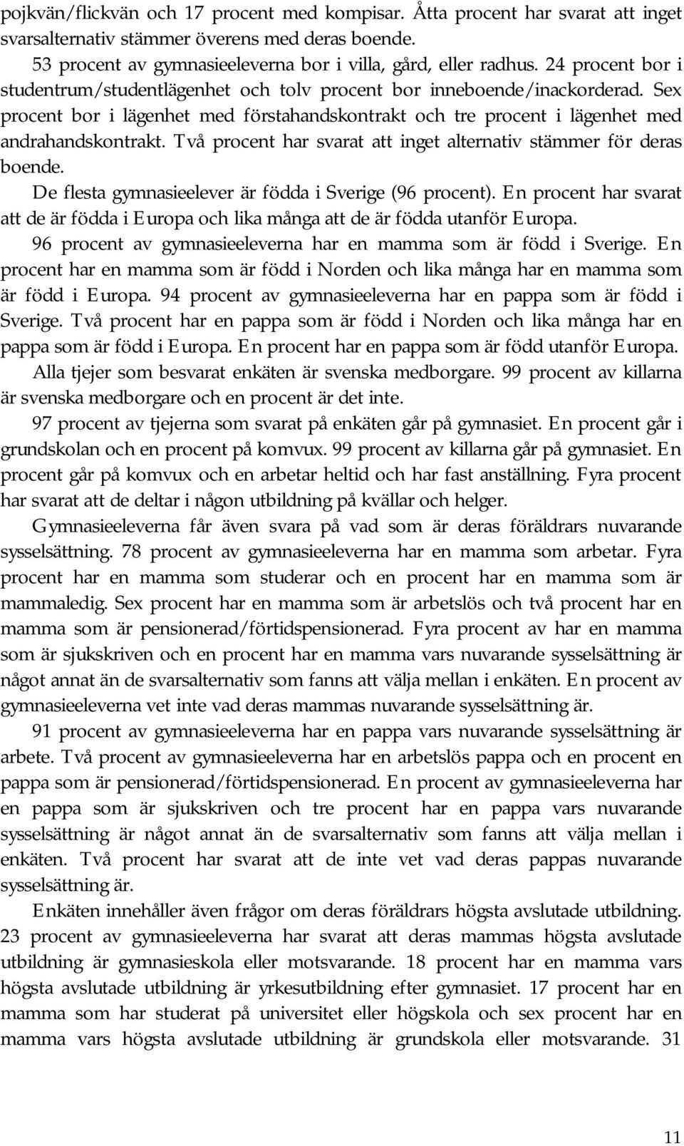 Två procent har svarat att inget alternativ stämmer för deras boende. De flesta gymnasieelever är födda i Sverige (96 procent).