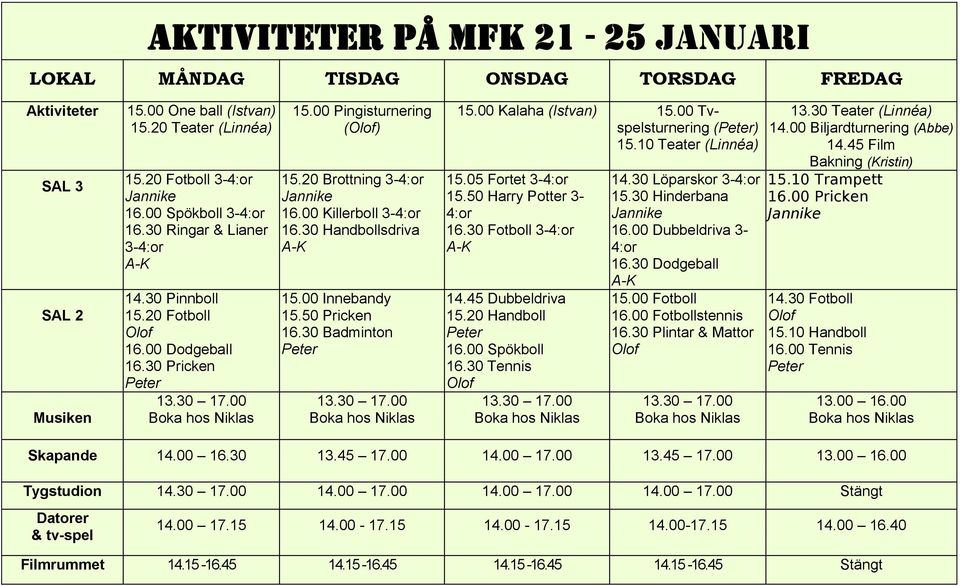 50 Pricken 16.30 Badminton 15.00 Kalaha (Istvan) 15.00 Tvspelsturnering () 15.10 Teater (Linnéa) 15.05 Fortet 3-4:or 15.50 Harry Potter 3-4:or 16.30 Fotboll 3-4:or 14.45 Dubbeldriva 15.20 Handboll 16.