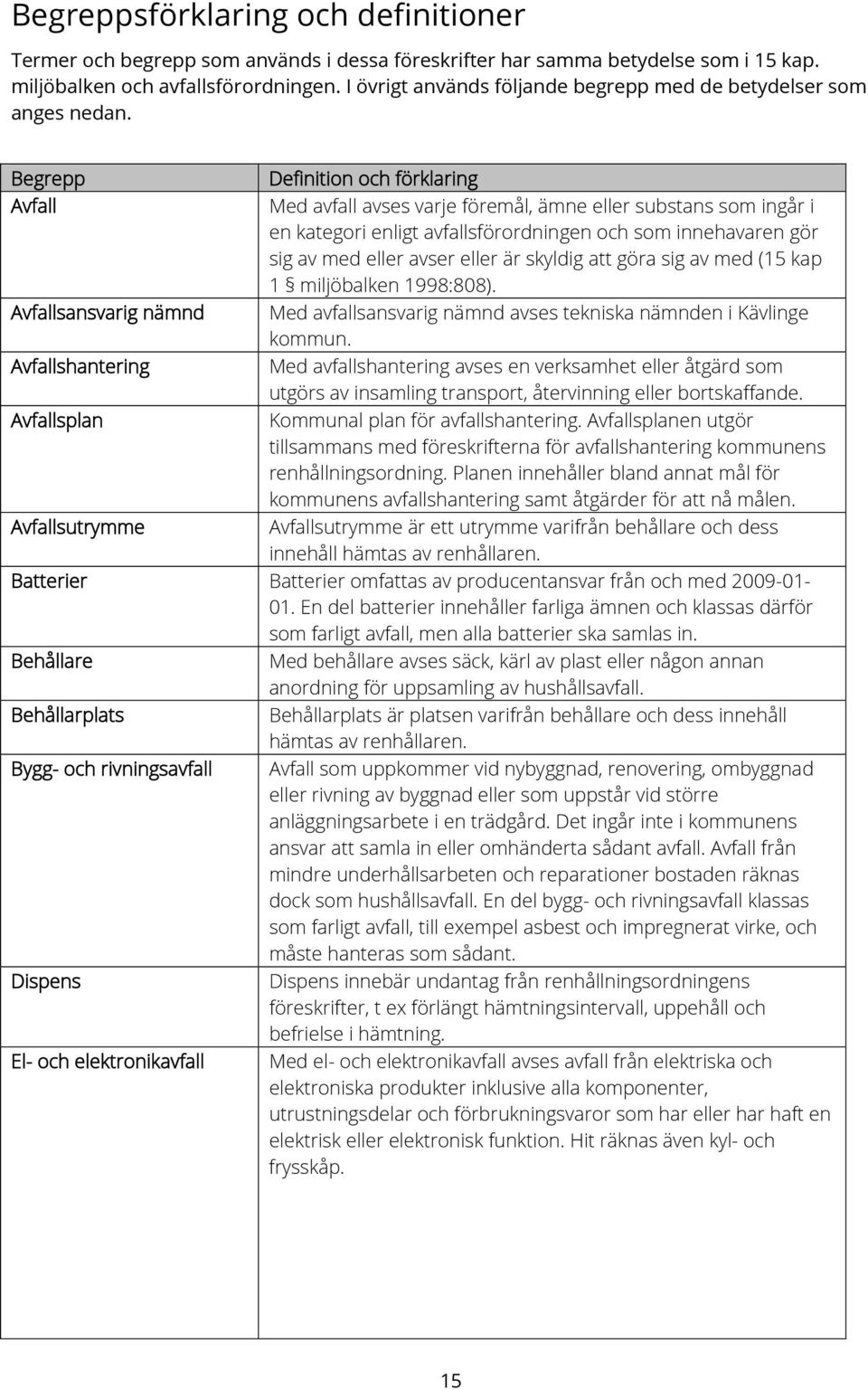 Begrepp Avfall Avfallsansvarig nämnd Avfallshantering Avfallsplan Avfallsutrymme Definition och förklaring Med avfall avses varje föremål, ämne eller substans som ingår i en kategori enligt