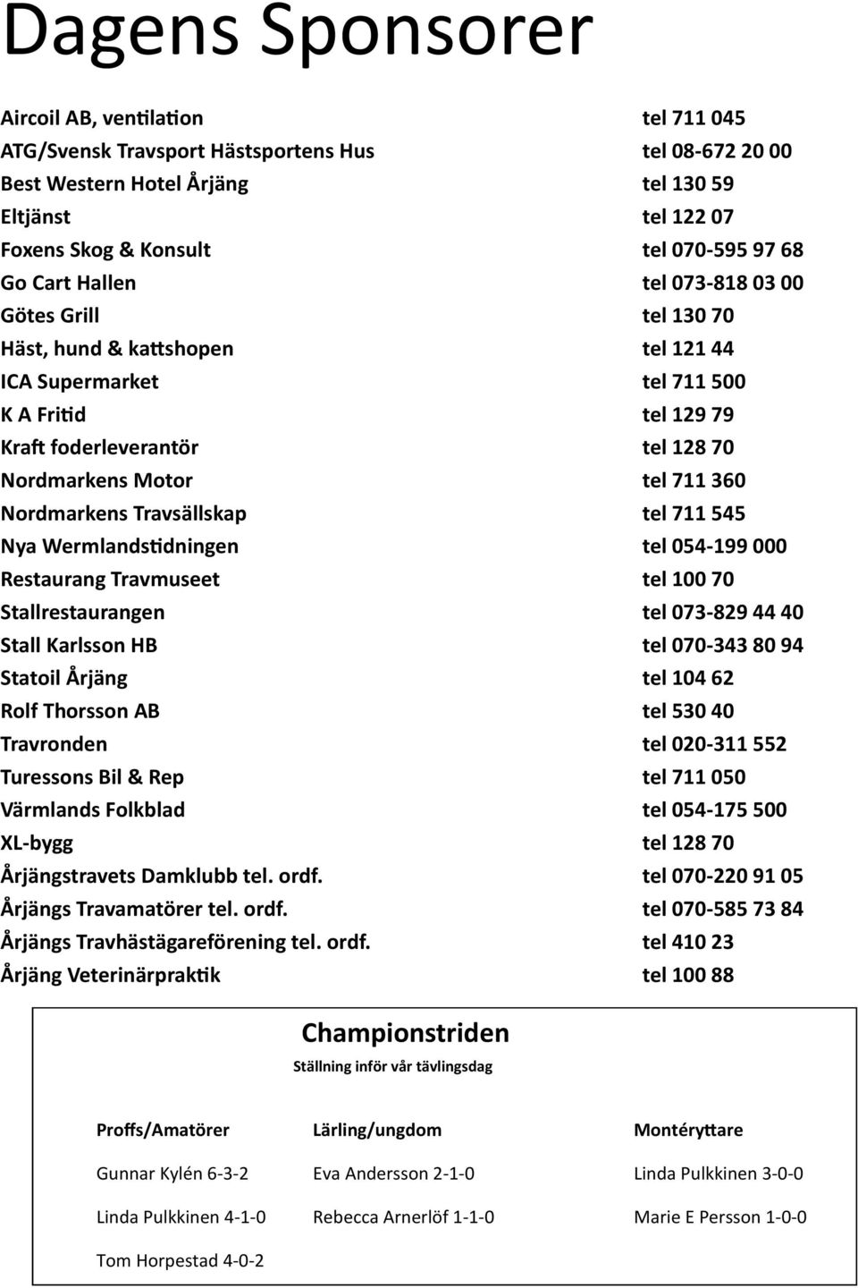 tel 711 360 Nordmarkens Travsällskap tel 711 545 Nya Wermlandstidningen tel 054-199 000 Restaurang Travmuseet tel 100 70 Stallrestaurangen tel 073-829 44 40 Stall Karlsson HB tel 070-343 80 94