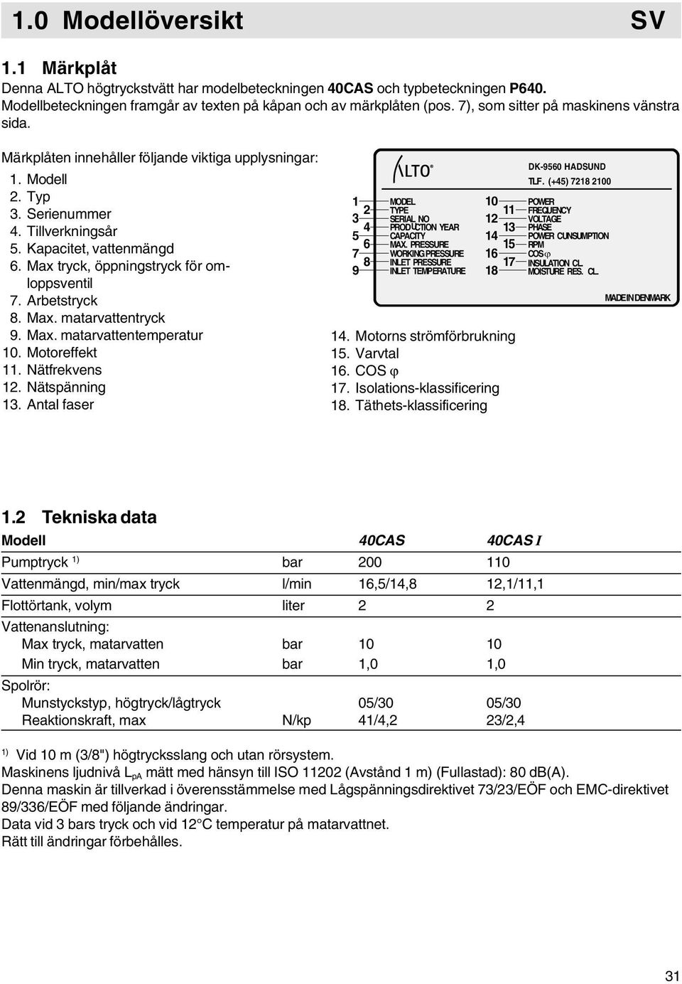 Max tryck, öppningstryck för omloppsventil 7. Arbetstryck 8. Max. matarvattentryck 9. Max. matarvattentemperatur 10. Motoreffekt 11. Nätfrekvens 12. Nätspänning 13.