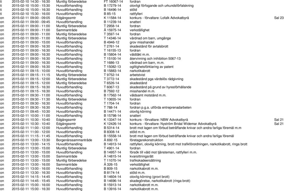 2015-02-11 09:00-09:45 Huvudförhandling B 11239-14 snatteri on 2015-02-11 09:00-11:00 Muntlig förberedelse T 2958-14 fordran on 2015-02-11 09:00-11:00 Sammanträde Ä 15975-14 verkställighet on