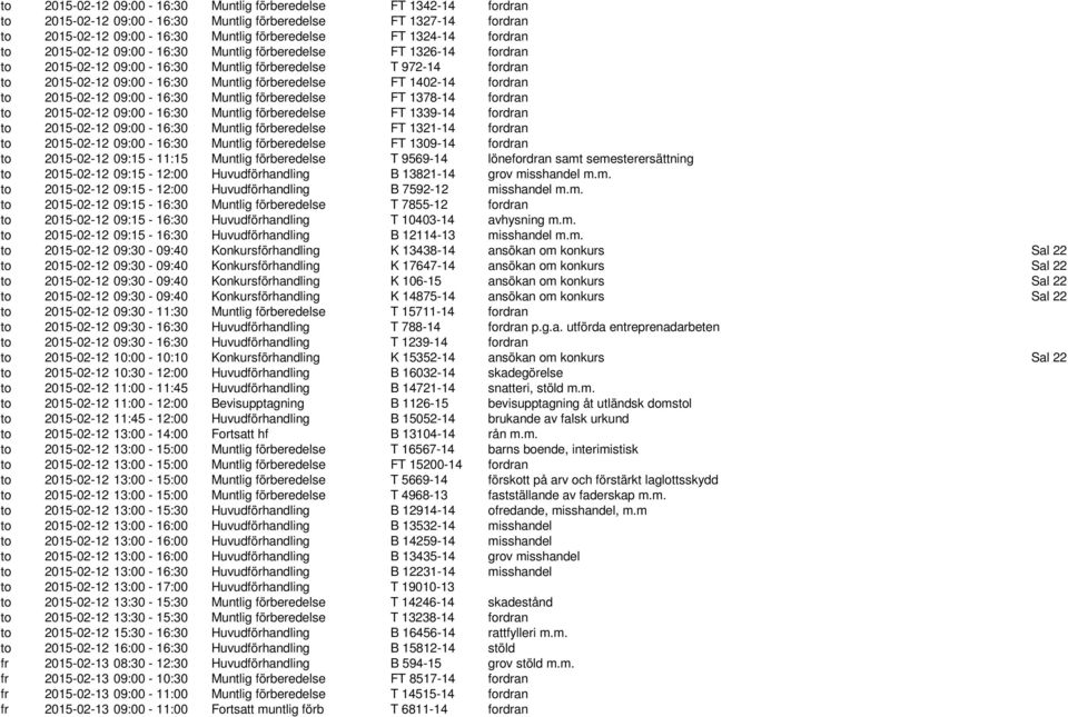 2015-02-12 09:00-16:30 Muntlig förberedelse FT 1378-14 fordran to 2015-02-12 09:00-16:30 Muntlig förberedelse FT 1339-14 fordran to 2015-02-12 09:00-16:30 Muntlig förberedelse FT 1321-14 fordran to