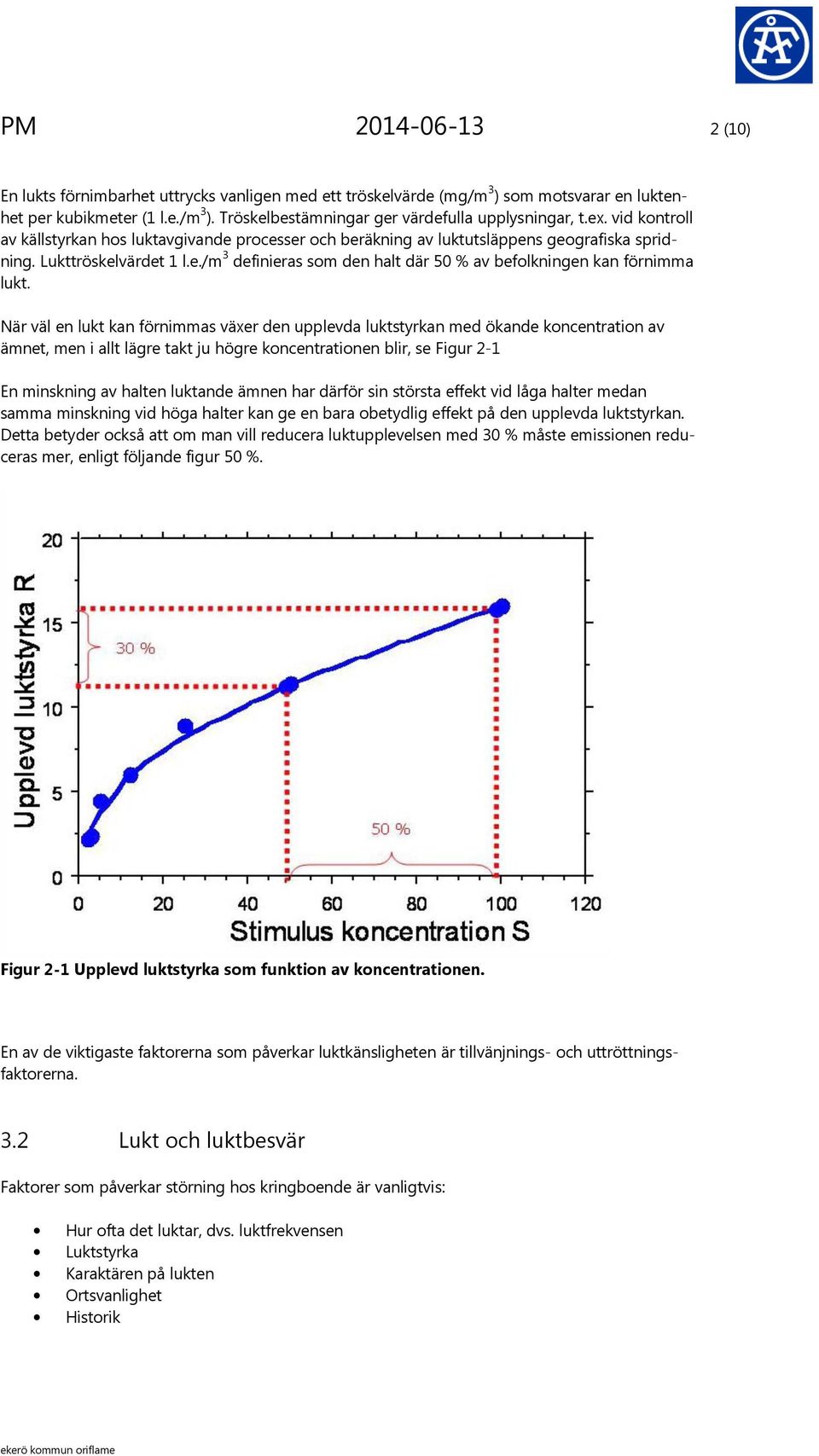 När väl en lukt kan förnimmas växer den upplevda luktstyrkan med ökande koncentration av ämnet, men i allt lägre takt ju högre koncentrationen blir, se Figur 2-1 En minskning av halten luktande ämnen