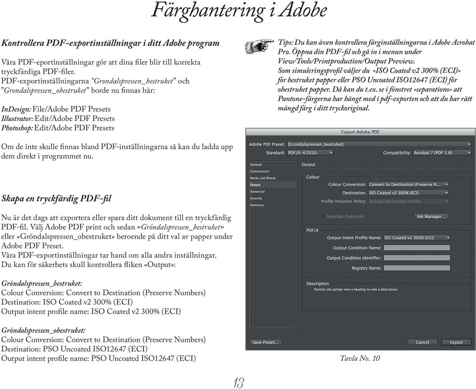 Presets Tips: Du kan även kontrollera färginställningarna i Adobe Acrobat Pro. Öppna din PDF-fil och gå in i menun under View/Tools/Printproduction/Output Preview.