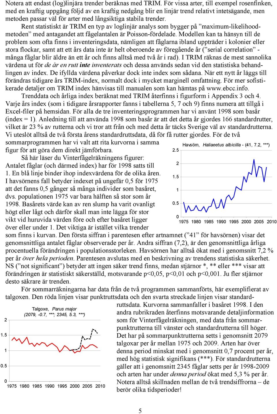 trender. Rent statistiskt är TRIM en typ av loglinjär analys som bygger på maximum-likelihoodmetoden med antagandet att fågelantalen är Poisson-fördelade.