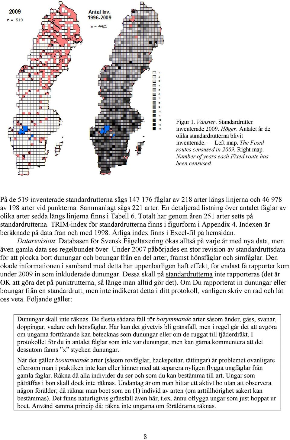 En detaljerad listning över antalet fåglar av olika arter sedda längs linjerna finns i Tabell 6. Totalt har genom åren 5 arter setts på standardrutterna.