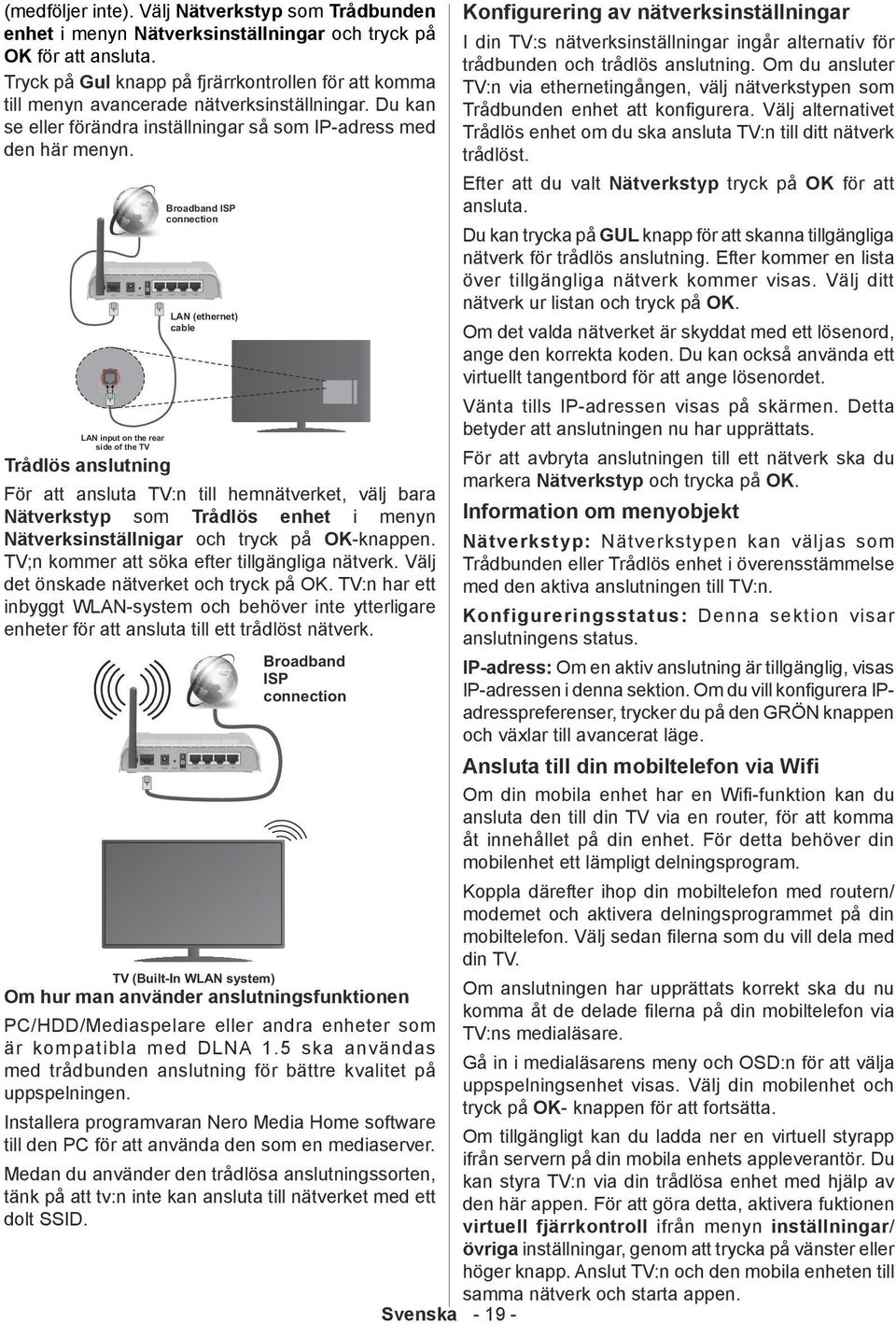 LAN input on the rear Broadband ISP connection LAN (ethernet) cable side of the TV Trådlös anslutning För att ansluta TV:n till hemnätverket, välj bara Nätverkstyp som Trådlös enhet i menyn