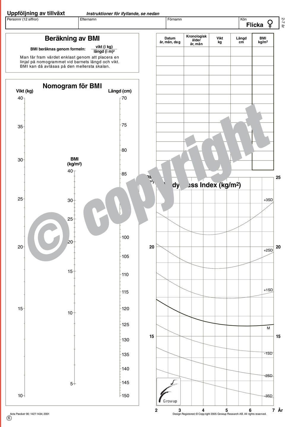 år, mån, dag Kronologisk ålder år, mån Vikt kg Längd BI kg/m 2 Vikt (kg) 40 35 30 25 20 Nomogram för BI BI (kg/m 2 ) 40 30 25 Längd () 70 75 80 85 90 95 BI (kg/m 2 ) Body ass Index (kg/m