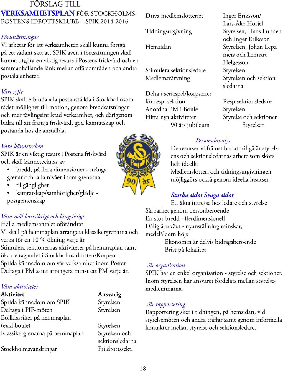 Vårt syfte SPIK skall erbjuda alla postanställda i Stockholmsområdet möjlighet till motion, genom breddsatsningar och mer tävlingsinriktad verksamhet, och därigenom bidra till att främja friskvård,