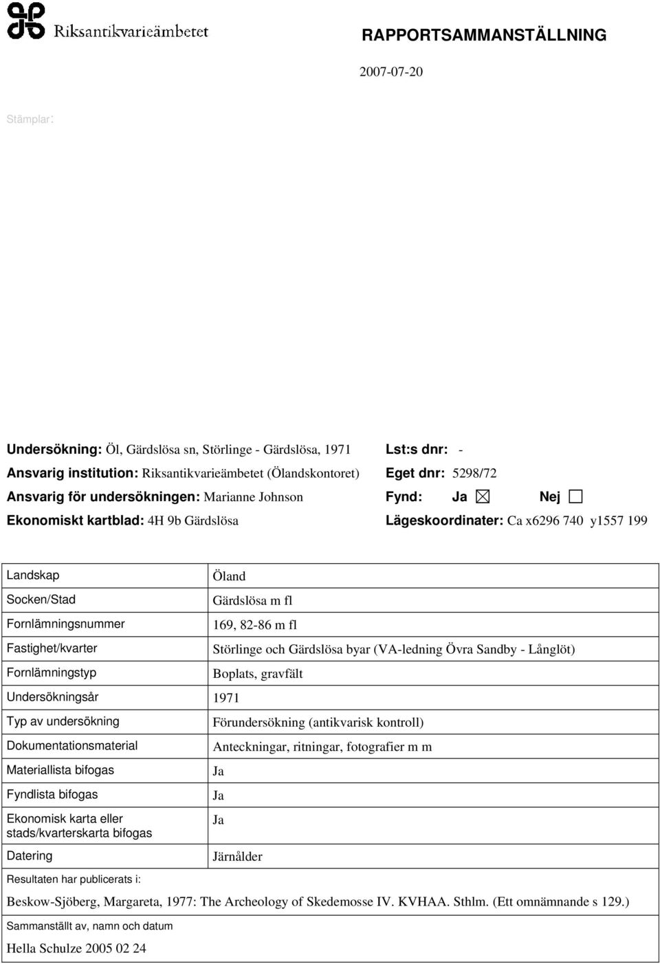 Typ av undersökning Dokumentationsmaterial Materiallista bifogas Fyndlista bifogas Ekonomisk karta eller stads/kvarterskarta bifogas Datering Resultaten har publicerats i: Gärdslösa m fl 169, 82-86 m