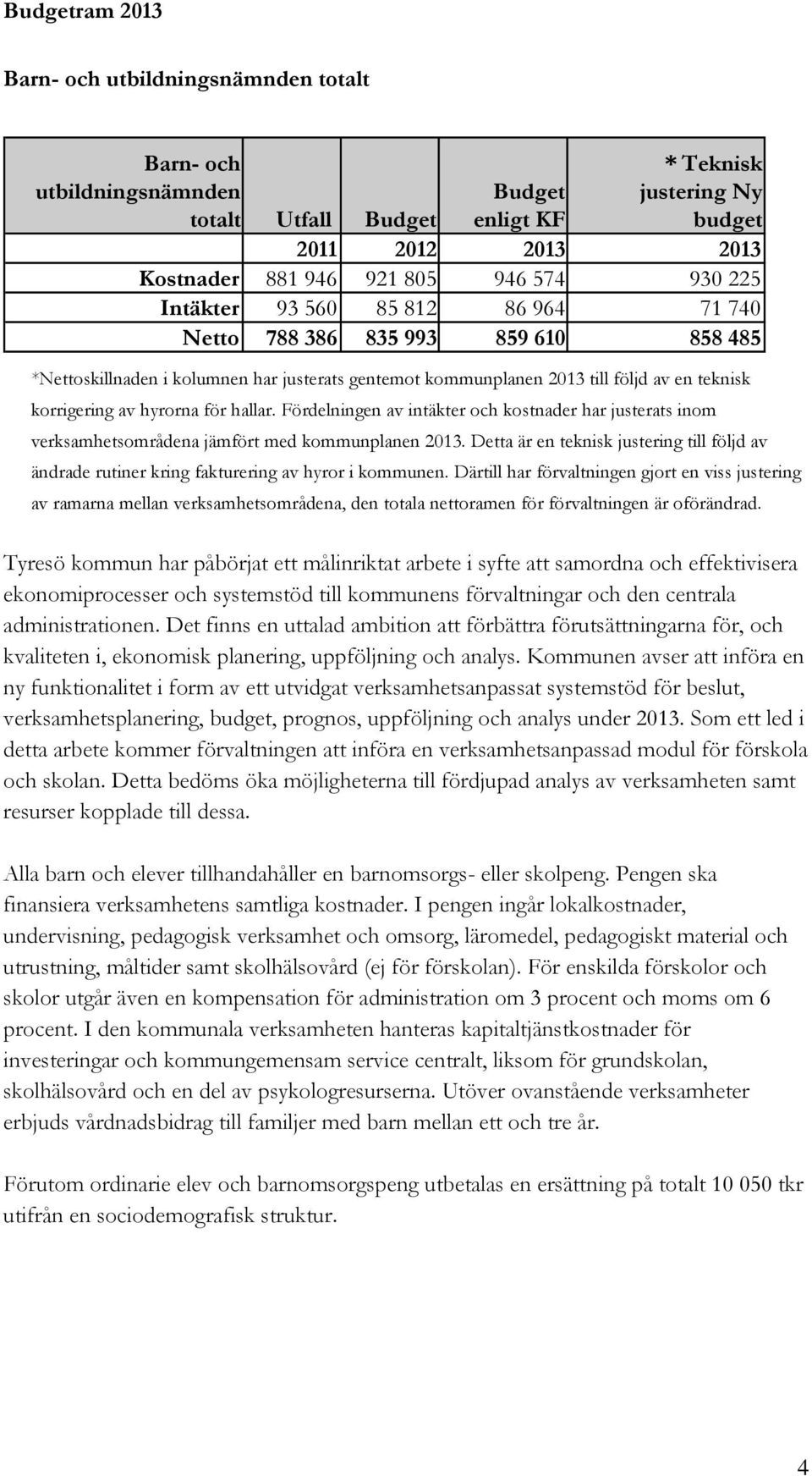 hyrorna för hallar. Fördelningen av intäkter och kostnader har justerats inom verksamhetsområdena jämfört med kommunplanen 2013.