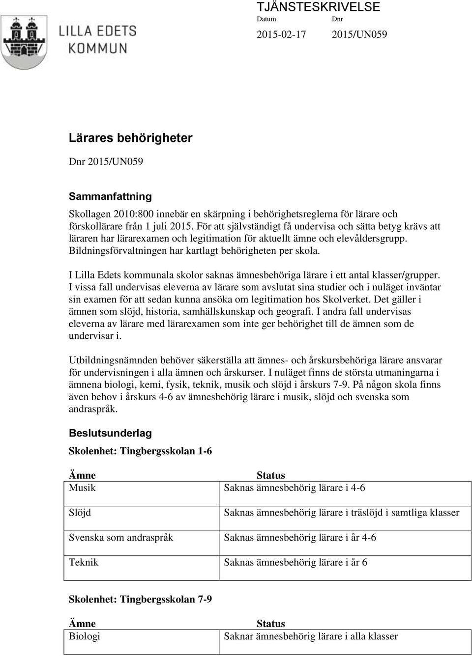 Bildningsförvaltningen har kartlagt behörigheten per skola. I Lilla Edets kommunala skolor saknas ämnesbehöriga lärare i ett antal klasser/grupper.