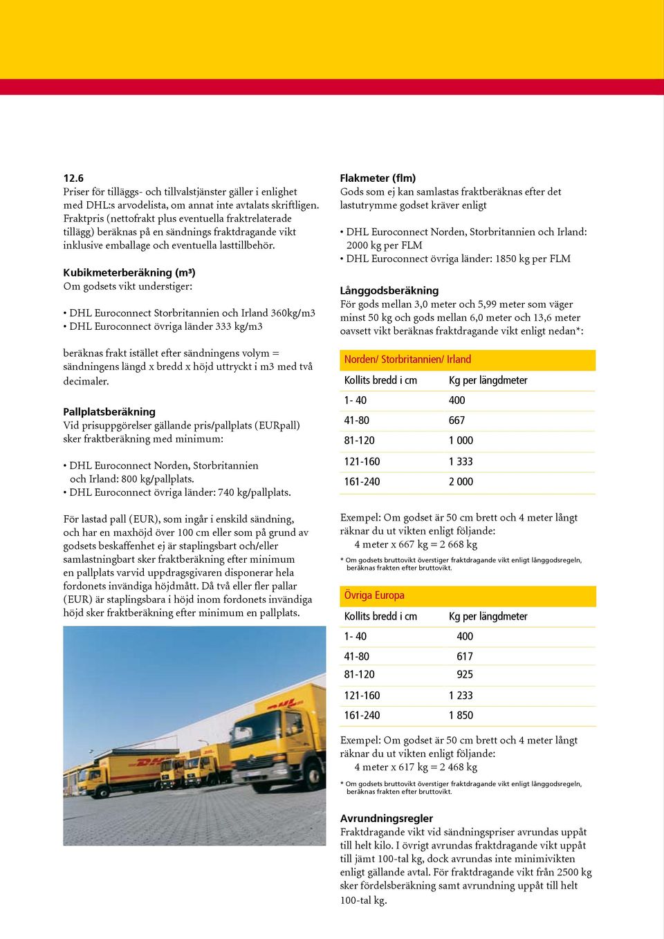 Kubikmeterberäkning (m³) Om godsets vikt understiger: DHL Euroconnect Storbritannien och Irland 360kg/m3 DHL Euroconnect övriga länder 333 kg/m3 beräknas frakt istället efter sändningens volym =