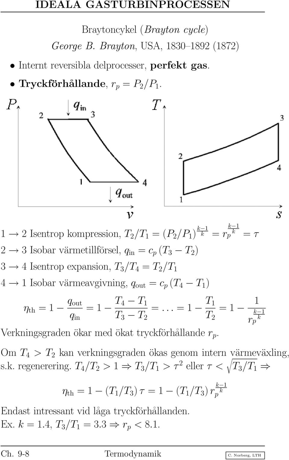 = r k 1 k p = τ η th = 1 q out q in = 1 T 4 T 1 T 3 T 2 =... = 1 T 1 T 2 = 1 1 Verkningsgraden ökar med ökat tryckförhållande r p.