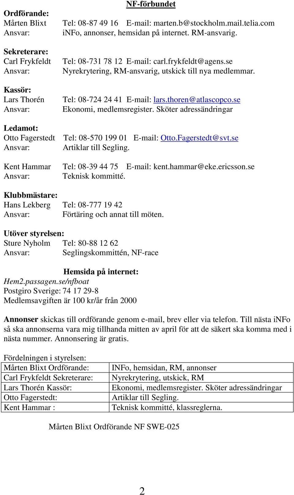 thoren@atlascopco.se Ekonomi, medlemsregister. Sköter adressändringar Tel: 08-570 199 01 E-mail: Otto.Fagerstedt@svt.se Artiklar till Segling. Tel: 08-39 44 75 E-mail: kent.hammar@eke.ericsson.