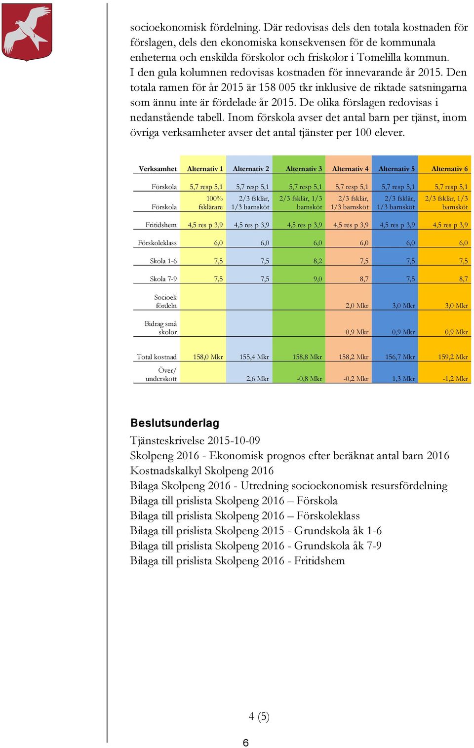 De olika förslagen redovisas i nedanstående tabell. Inom förskola avser det antal barn per tjänst, inom övriga verksamheter avser det antal tjänster per 100 elever.