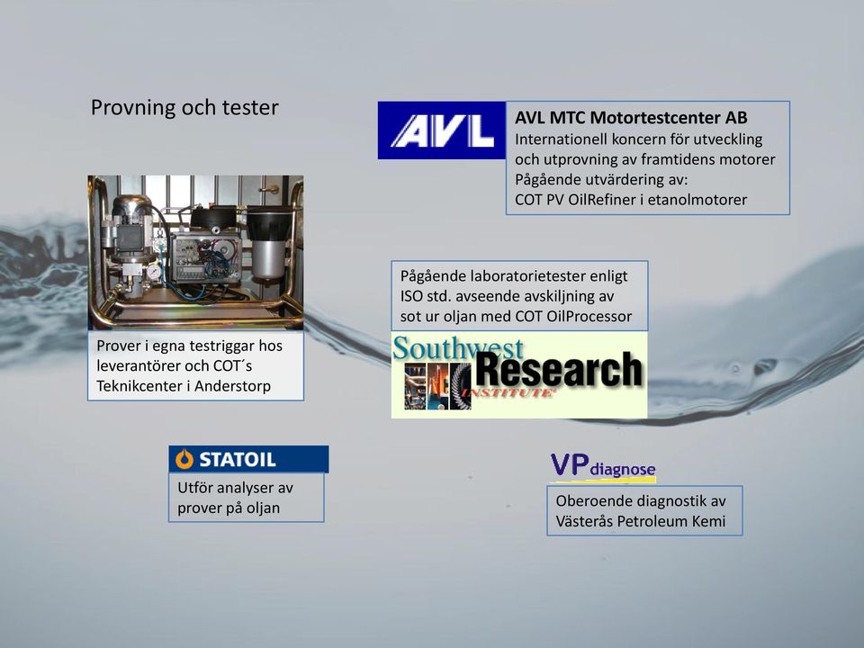 leverantörer och COT s Teknikcenter i Anderstorp Pågående laboratorietester enligt ISO std.