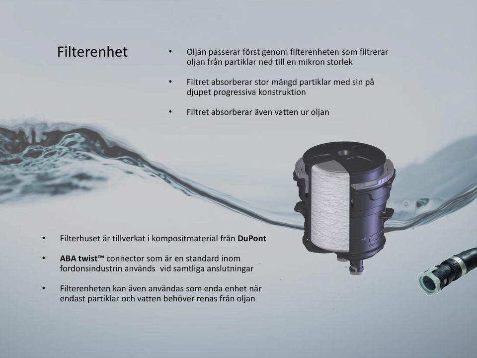 Filterhuset är tillverkat i kompositmaterial från DuPont ABA twist connector som är en standard inom fordonsindustrin
