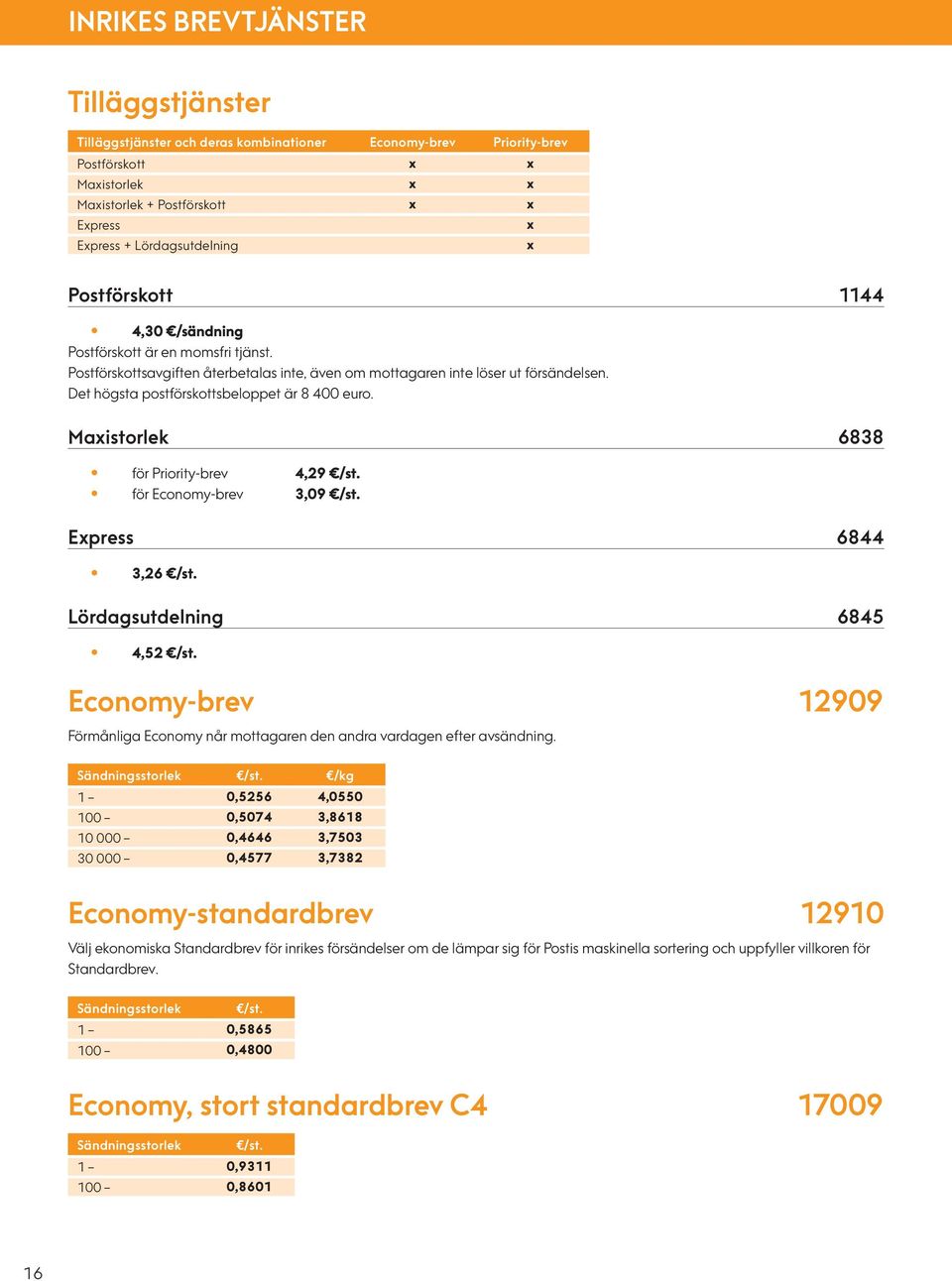 Det högsta postförskottsbeloppet är 8 400 euro. Maxistorlek 6838 för Priority-brev 4,29 /st. för Economy-brev 3,09 /st. Express 6844 3,26 /st. Lördagsutdelning 6845 4,52 /st.