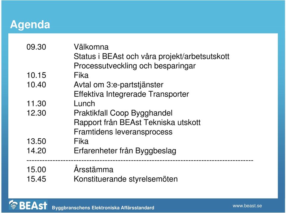 30 Praktikfall Coop Bygghandel Rapport från BEAst Tekniska utskott Framtidens leveransprocess 13.50 Fika 14.