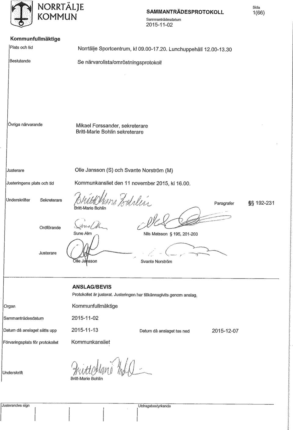 Norström (M) Justeringens plats och tid Kommunkansliet den 11 november 2015, kl 16.00.