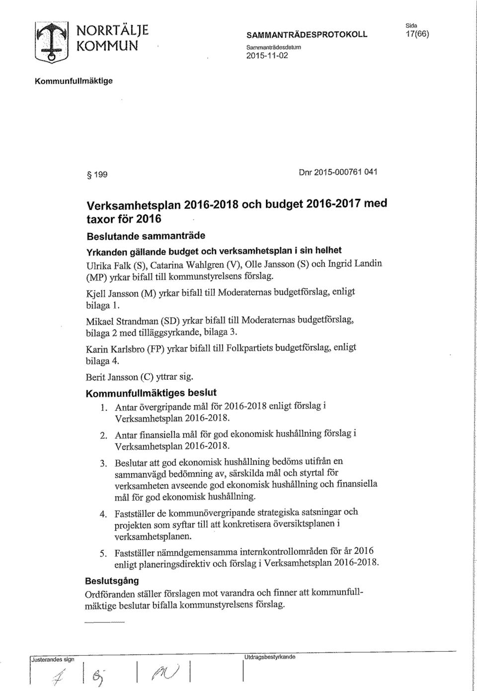 Kjell Jansson (M) yrkar bifall till Moderaternas budgetförslag, enligt bilaga 1. Mikael Strandman (SD) yrkar bifall till Moderaternas budgetförslag, bilaga 2 med tilläggsyrkande, bilaga 3.