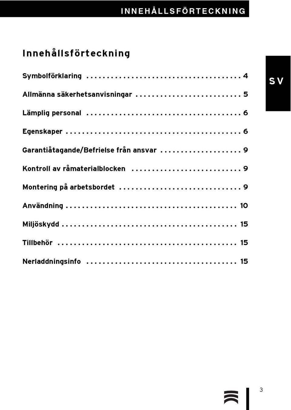 .......................... 9 Montering på arbetsbordet.............................. 9 Användning.......................................... 10 Miljöskydd........................................... 15 Tillbehör.