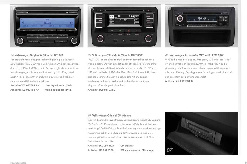 Artikelnr: 1K0 057 186 AN Utan digital radio (DAB) Artikelnr: 1K0 057 186 AP Med digital radio (DAB) 05 Volkswagen Tillbehör MP3 radio RMT 300 1 RMT 300 är på alla sätt mycket användarvänligt och med