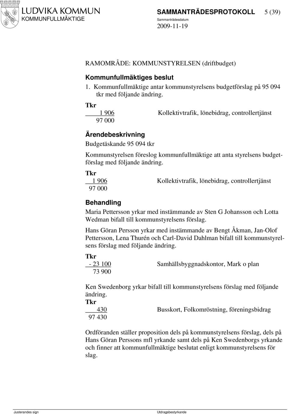 1 906 Kollektivtrafik, lönebidrag, controllertjänst 97 000 Maria Pettersson yrkar med instämmande av Sten G Johansson och Lotta Wedman bifall till kommunstyrelsens förslag.