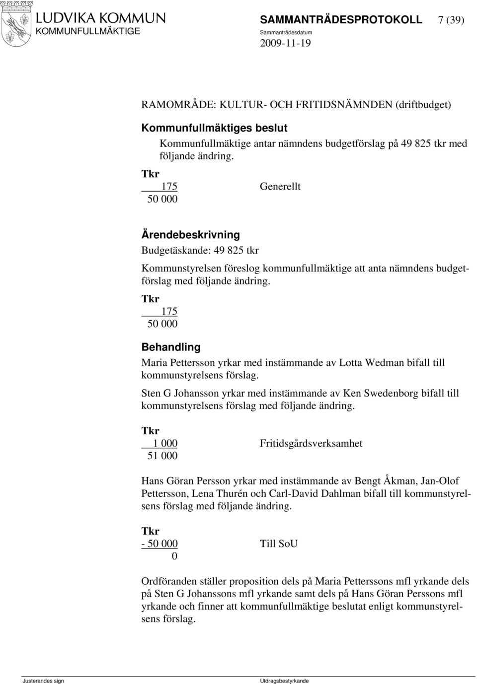 175 50 000 Maria Pettersson yrkar med instämmande av Lotta Wedman bifall till kommunstyrelsens förslag.