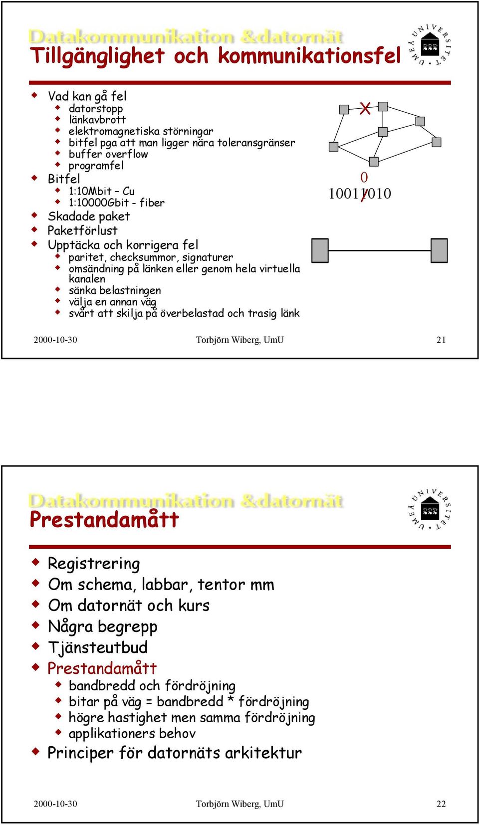 väg svårt att skilja på överbelastad och trasig länk X 0 10011010 / 2000-10-30 Torbjörn Wiberg, UmU 21 Prestandamått Registrering Om schema, labbar, tentor mm Om datornät och kurs Några begrepp