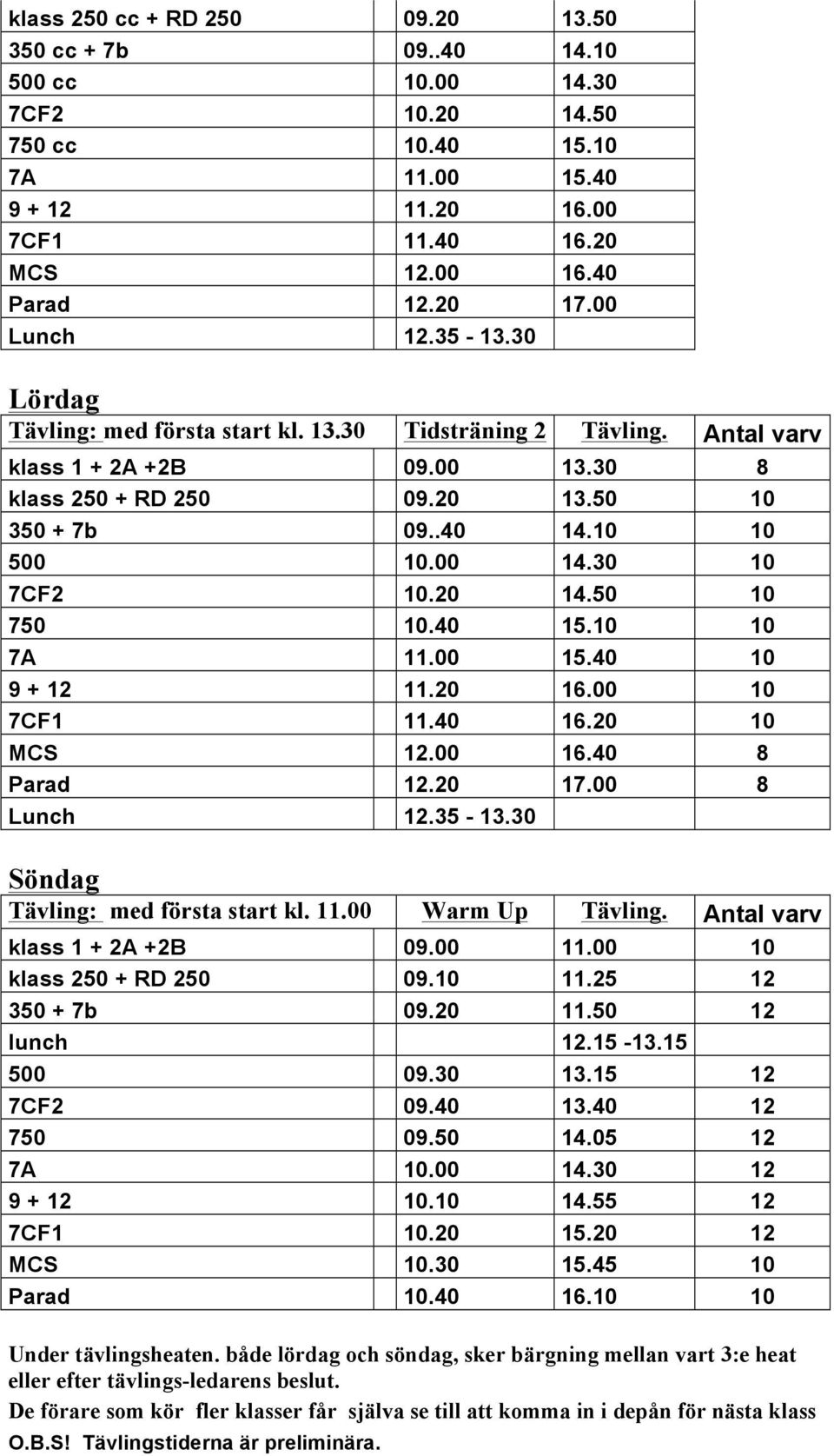 00 14.30 10 7CF2 10.20 14.50 10 750 10.40 15.10 10 7A 11.00 15.40 10 9 + 12 11.20 16.00 10 7CF1 11.40 16.20 10 MCS 12.00 16.40 8 Parad 12.20 17.00 8 Lunch 12.35-13.