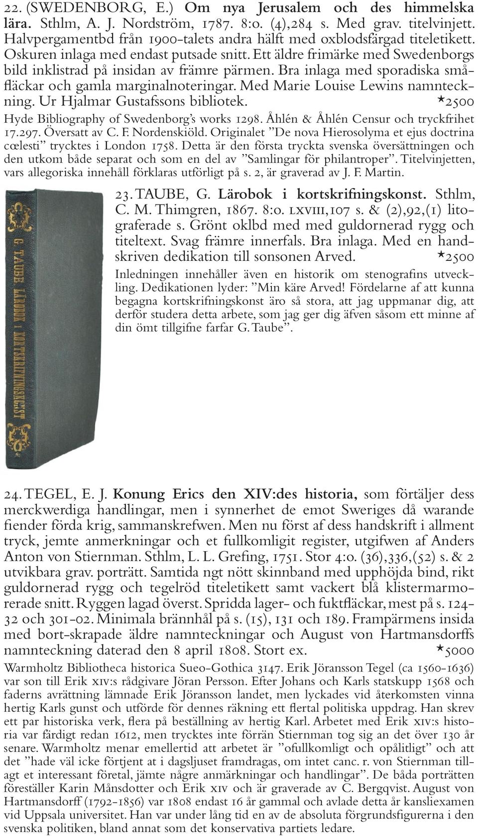 Bra inlaga med sporadiska småfläckar och gamla marginalnoteringar. Med Marie Louise Lewins namnteckning. Ur Hjalmar Gustafssons bibliotek. *2500 Hyde Bibliography of Swedenborg s works 1298.