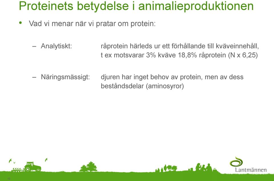 kväveinnehåll, t ex motsvarar 3% kväve 18,8% råprotein (N x 6,25)