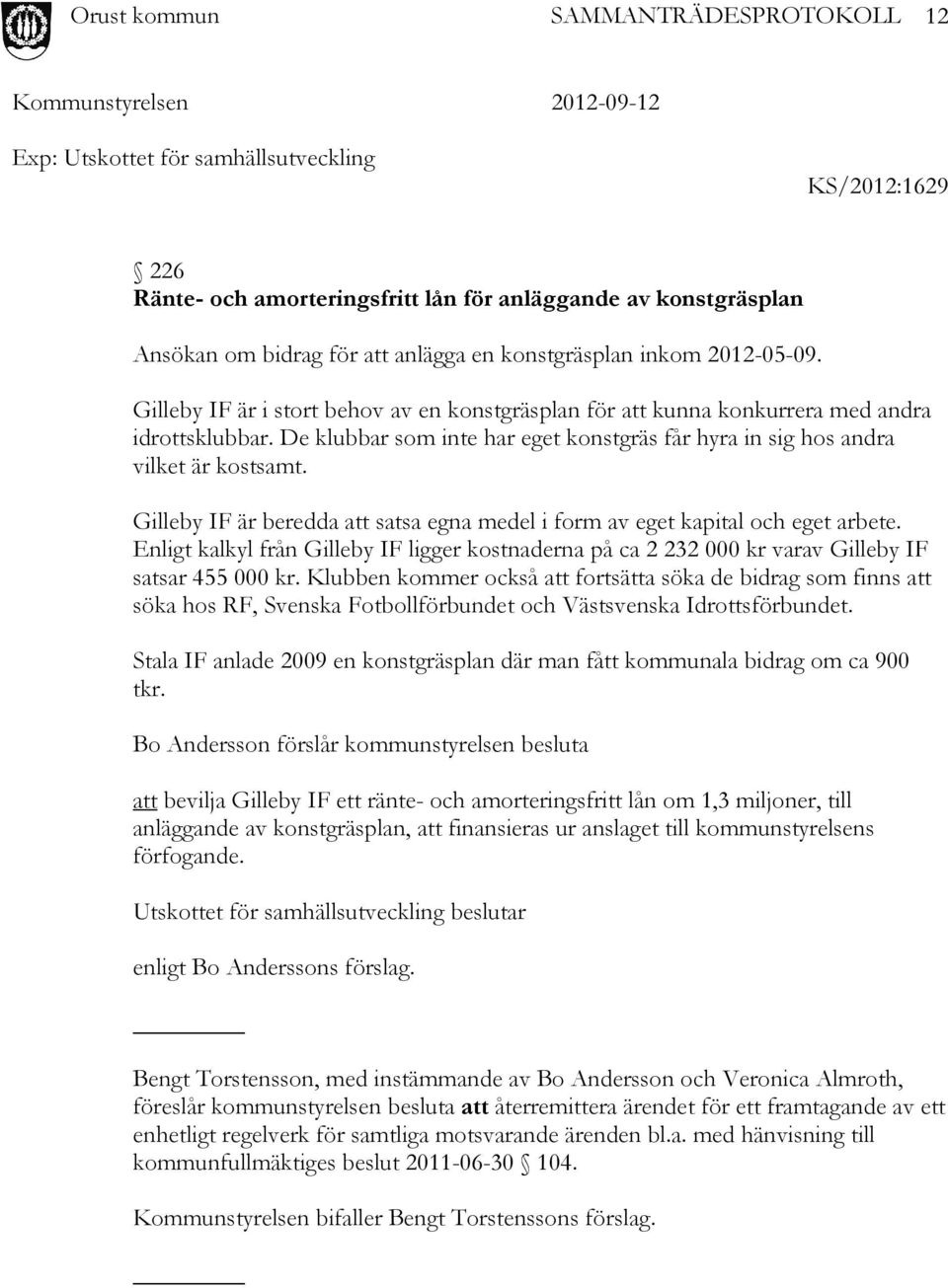 Gilleby IF är beredda att satsa egna medel i form av eget kapital och eget arbete. Enligt kalkyl från Gilleby IF ligger kostnaderna på ca 2 232 000 kr varav Gilleby IF satsar 455 000 kr.